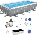 Bestway Power Steel 18' x 9' x 48" Rectangular Above Ground Swimming Pool Set Metal Frame Family Pool with Sand Filter Pump, Skimmer, and Vacuum,White