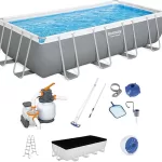 Bestway Power Steel 18' x 9' x 48" Rectangular Above Ground Swimming Pool Set Metal Frame Family Pool with Sand Filter Pump, Skimmer, and Vacuum,White
